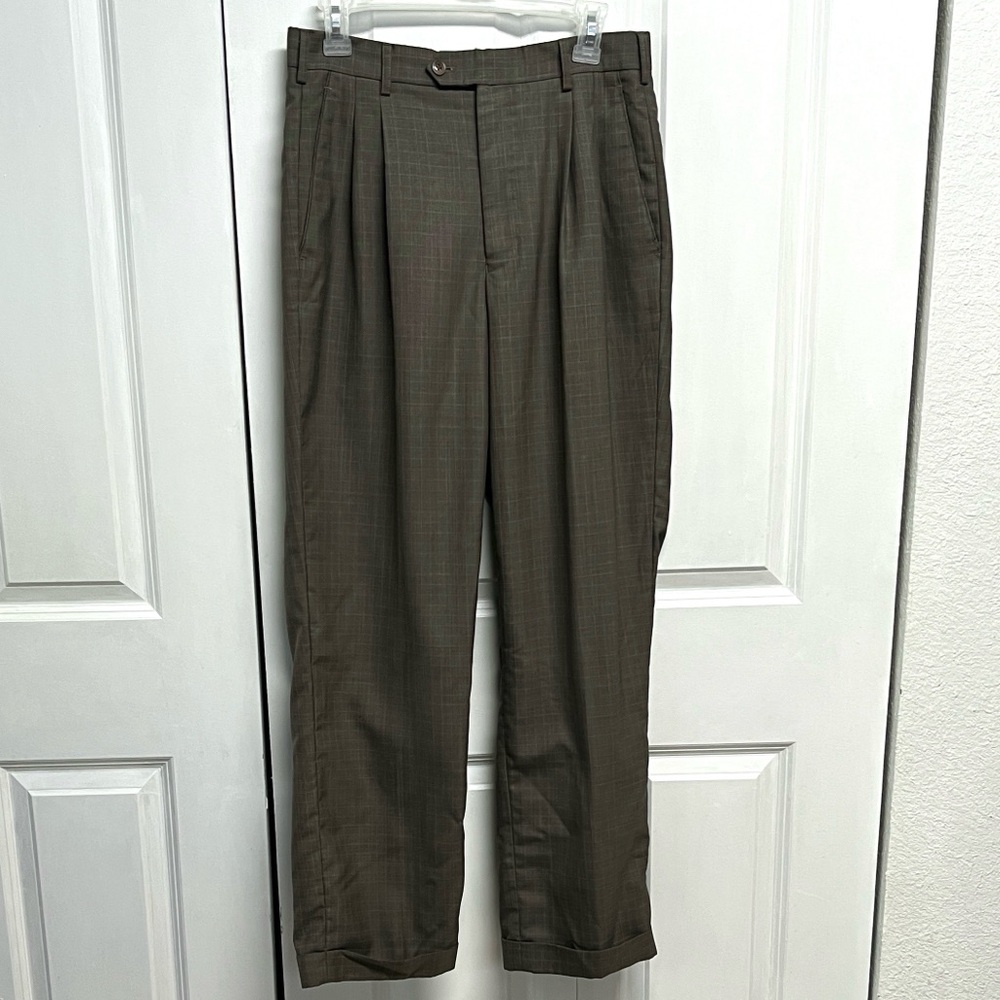 Gianfranco Ruffini Dress Pants in Olive Plaid Classic Pleated Trousers Size 30